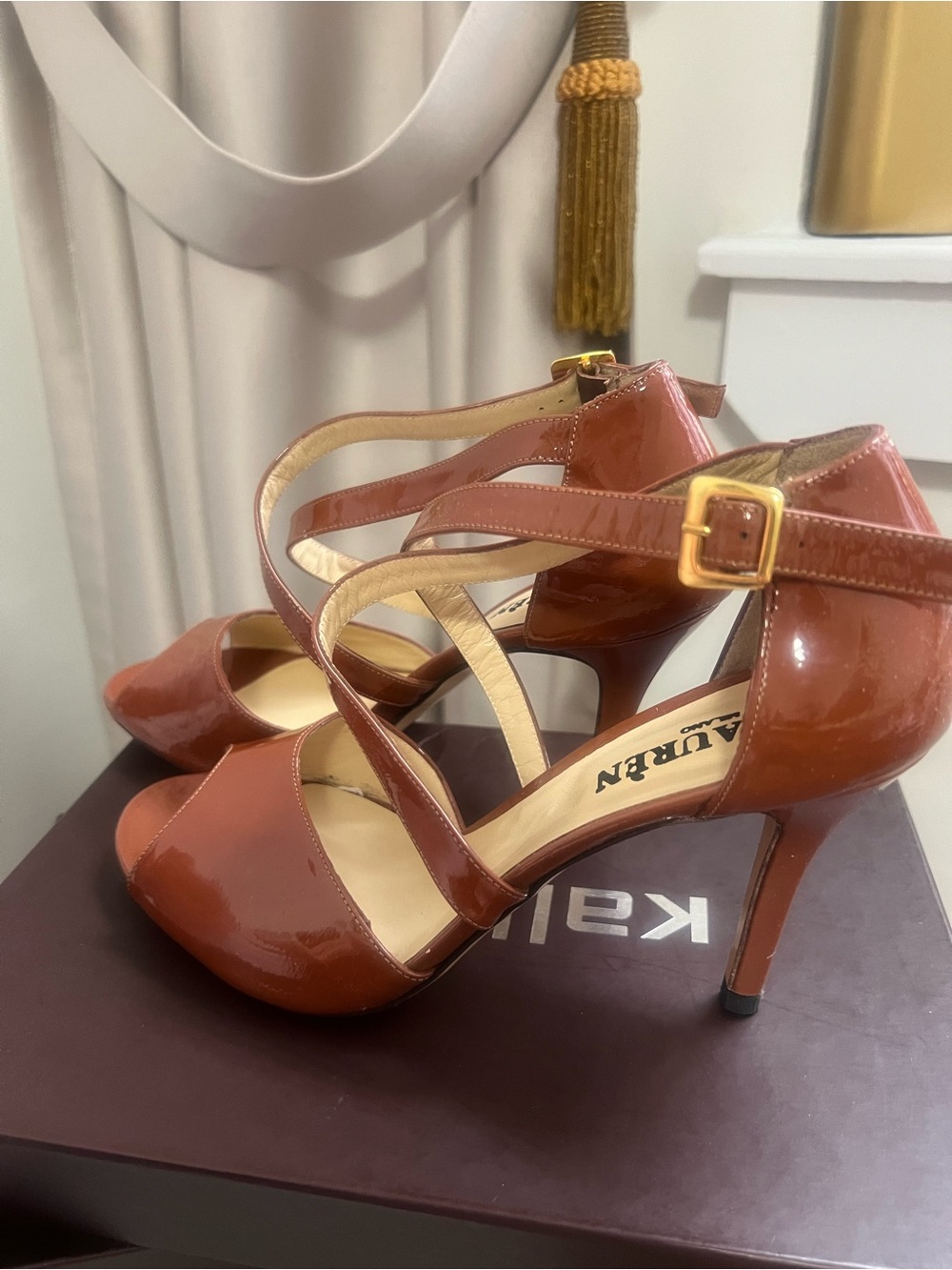 Patent Leather Strappy High Heels in Brown